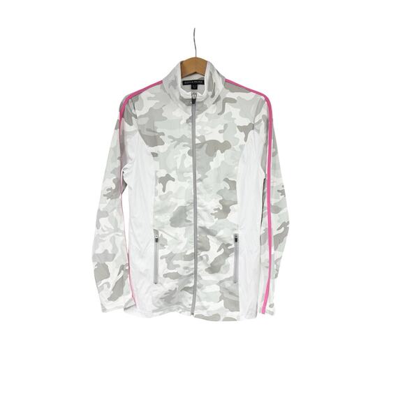 Boston Proper White Gray Camo Pink Stripe Activewear Workout Zip Front Jacket M - Picture 1 of 6